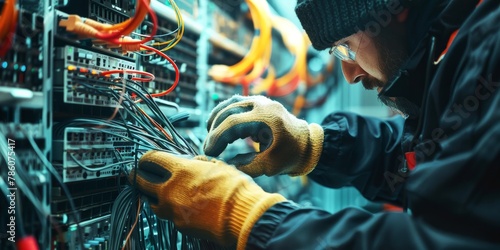 Technician in Blue Uniform Repairing Fiber Optic Cable in Server Room, Network Equipment in Background