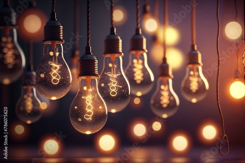 Vintage incandescent light bulbs on dark background with bokeh