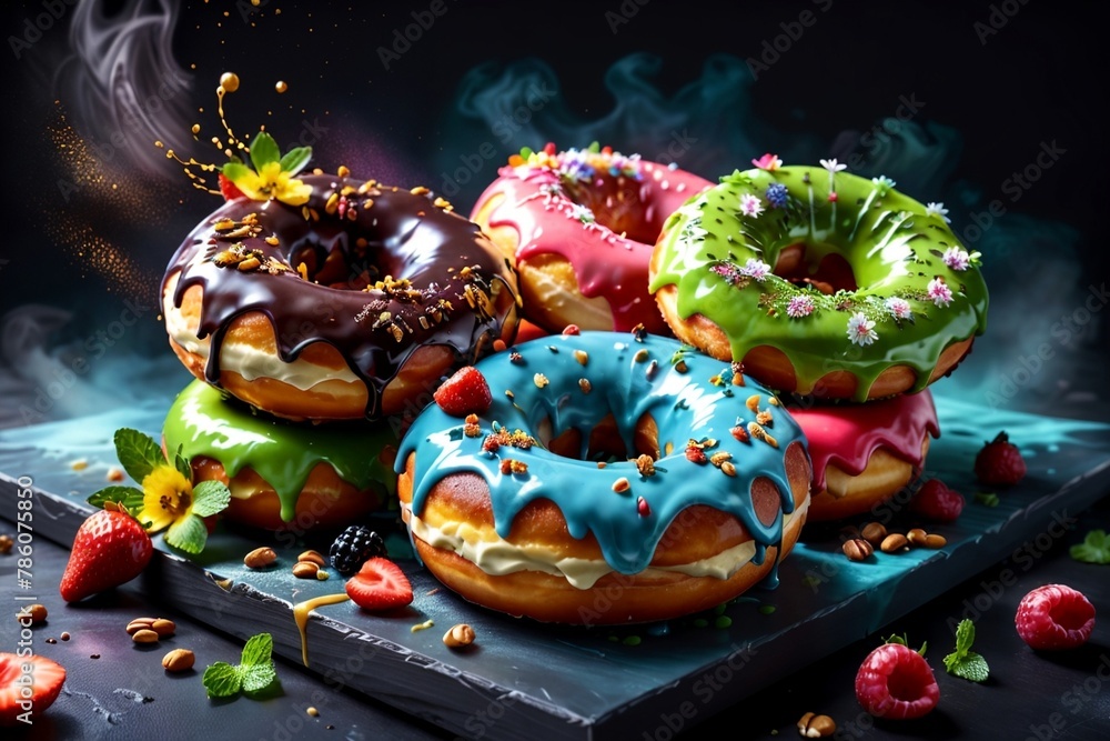 donuts in multi-colored glaze with berries on a black background