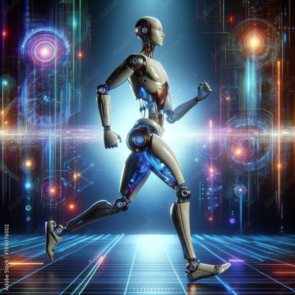 A humanoid robot is running in a futuristic cyberspace setting A humanoid robot is running in a futuristic cyberspace setting