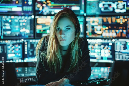 Young Female Hacker at Work, Multiple Screens, Dark Room