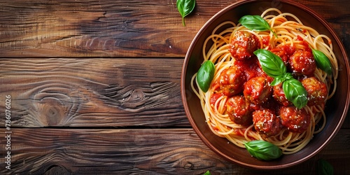 Pasta with meatballs and tomato sauce on a rustic table. photo
