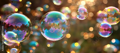 Soap bubbles reflecting a colorful rainbow spectrum in a vibrant and dynamic background