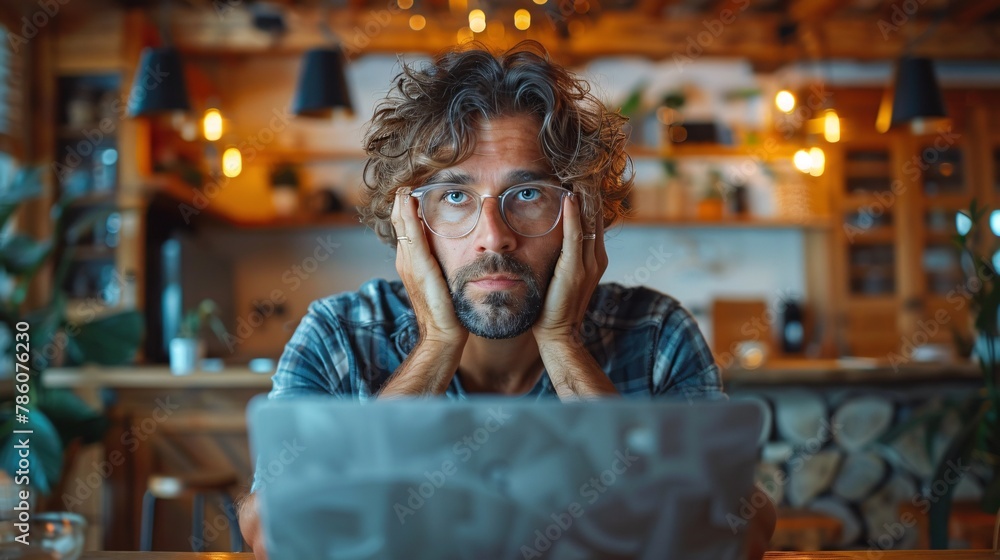 Exhausted man experiences eye fatigue while wearing glasses and using laptop at home.