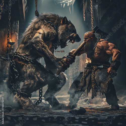 A colossal, enraged wolf ensnared in chains engages in combat with a Viking wielding an axe, employing foreshortening techniques. photo