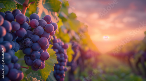 A bunch of grapes hanging from a vine. The sun is setting in the background, creating a warm and peaceful atmosphere. Long bunches of grapes hang en masse from the vineyard and go to the horizon