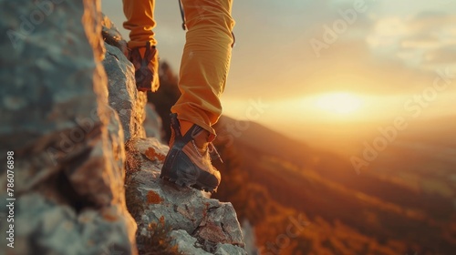 A rock climber is climbing rock mountain on his trekking trip.