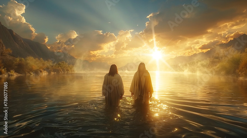 The Baptism in the Jordan: Amidst the tranquil waters of the river Jordan, Jesus stands immersed in prayerful contemplation as John the Baptist administers the sacred rite of bapti photo