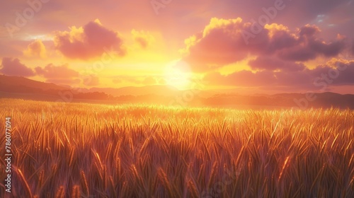 Breathtaking sunrise over lush wheat field - scenic rural landscape with golden sunlight © vetrana