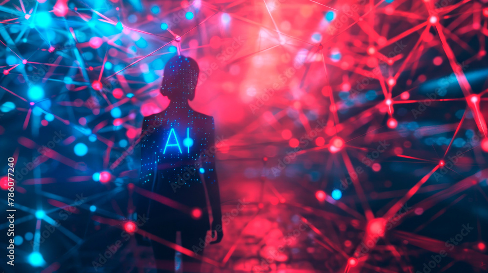 Silhouette of a Person Against a Backdrop of Artificial Intelligence Network Nodes Silhouette of a Person Against a Backdrop of Artificial Intelligence Network Nodes