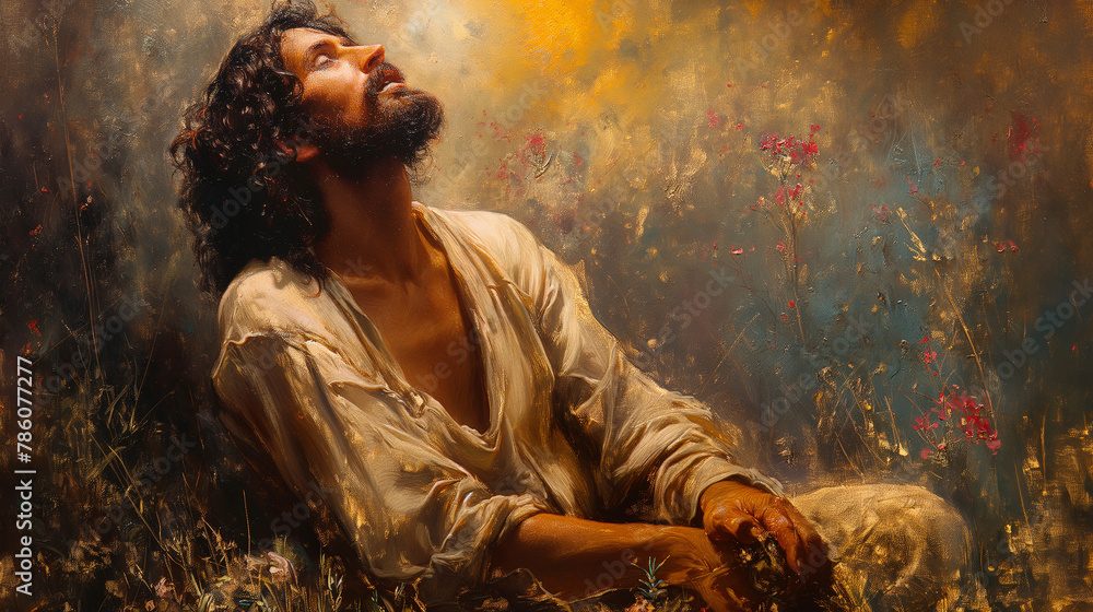 Fototapeta premium The Agony in the Garden: Alone amidst the olive trees of Gethsemane, Jesus wrestles with the weight of humanity's sin and the impending sacrifice that awaits him. His brow furrowed