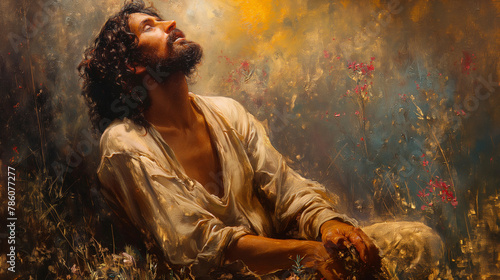 The Agony in the Garden: Alone amidst the olive trees of Gethsemane, Jesus wrestles with the weight of humanity's sin and the impending sacrifice that awaits him. His brow furrowed photo