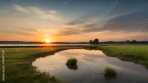 The soft light of the setting sun to create a warm atmosphere of summer evenings, presenting a romantic view of summer twilight.