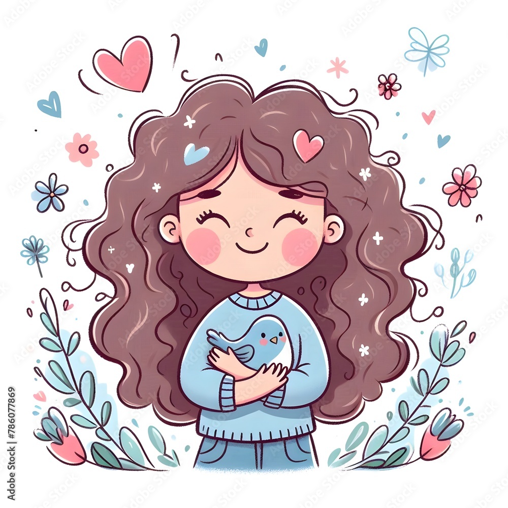 illustration of a girl happy with curly hair holding a cute bird