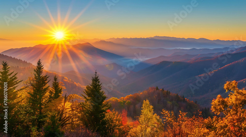 Obraz na płótnie Autumn sunrise in Tennessee's Great Smoky Mountains w salonie