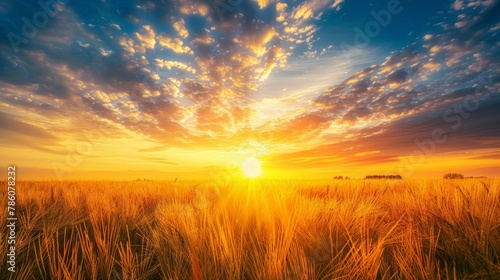 Scenic view of majestic sunrise over lush wheat field with golden illuminated sky © vetrana