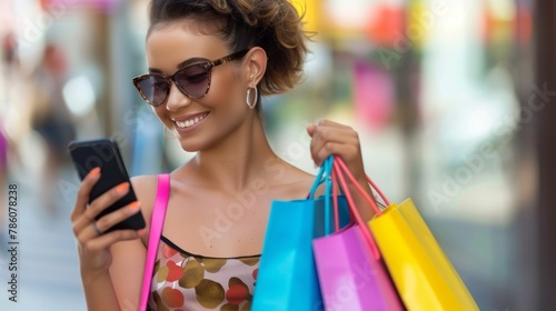 Wrapped in the delight of her purchases, she steals a glance at her phone, each notification a promise of more joy, her shopping spree a testament to her happiness. 
