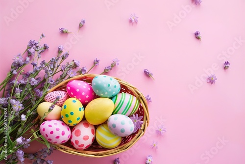 colorful Easter eggs in a basket on a pink background with lavender flowers