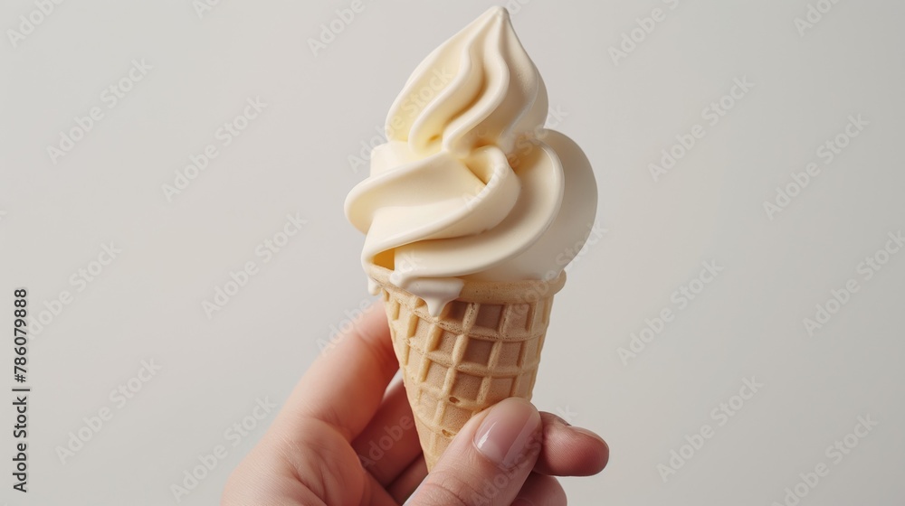 Hand holding a delectable vanilla soft serve ice cream cone against a neutral background Hand holding a delectable vanilla soft serve ice cream cone against a neutral background