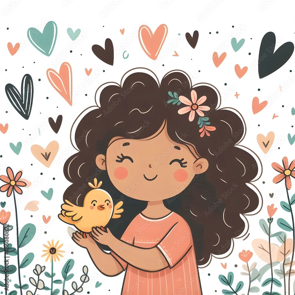 illustration of a girl happy with curly hair holding a cute bird illustration of a girl happy with curly hair holding a cute bird