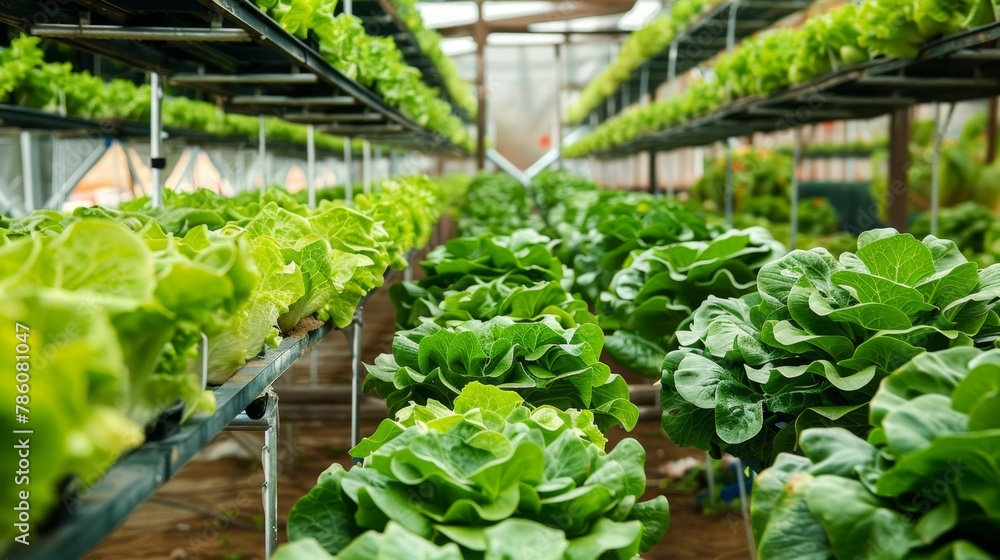 Experience the future of agriculture with verdant rows of lettuce flourishing in an indoor vertical farm, a beacon of sustainable cultivation.
