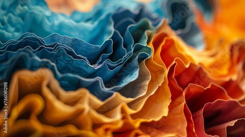 3d rendering of a folded paper in blue, orange and red