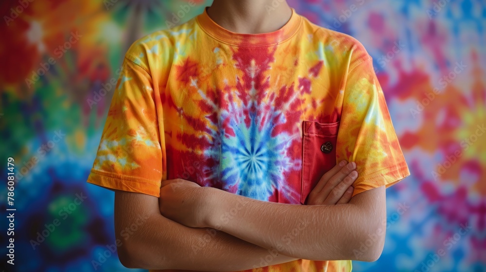 A boy in a tie-dye shirt with his arms crossed in front of a tie-dye background.