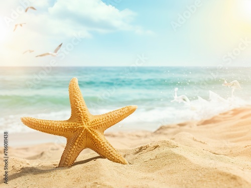 Starfish on sand dunes. Summer beach  behind the sea  sunny