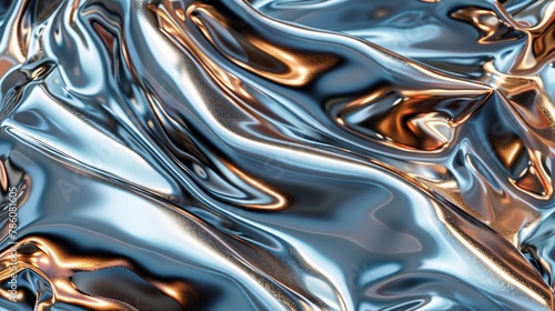 A close up of a crumpled sheet of iridescent metal.