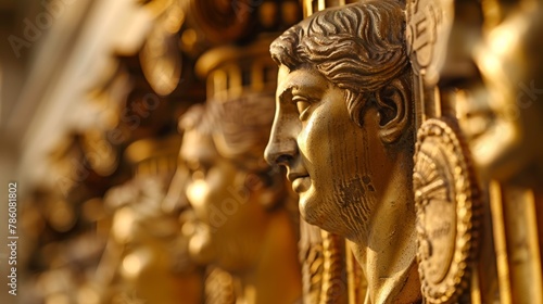 A golden sculpture of a Roman emperor with a laurel wreath on his head © Watcharaphon
