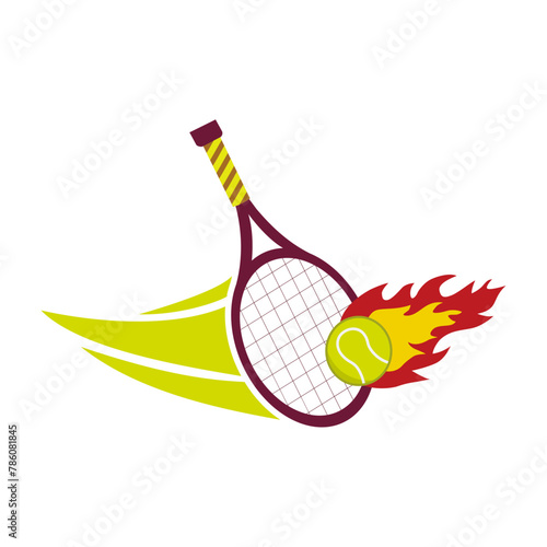 Fire tennis ball illustration with racket vector design for logo ikon, padel tenis ikon, logo brand, etc.