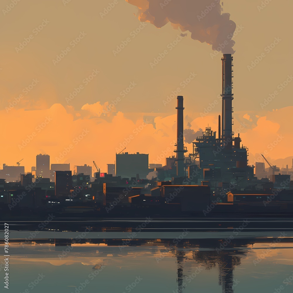 Vibrant Industrial Complex at Dusk with Sunlit Waterfront and Stylized Smoke Plumes.
