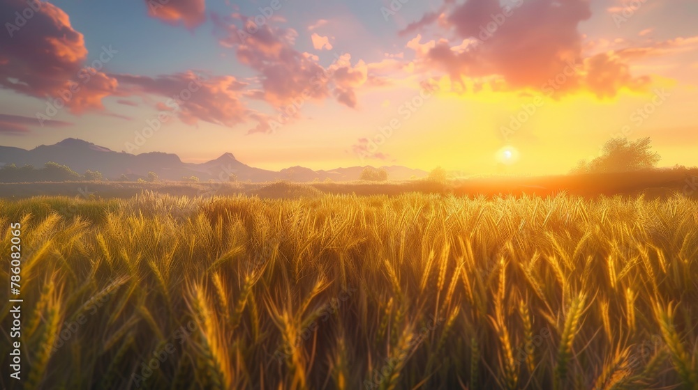 Majestic sunrise casting a golden glow on a beautiful wheat field landscape, stunning natural beauty Majestic sunrise casting a golden glow on a beautiful wheat field landscape, stunning natural beauty