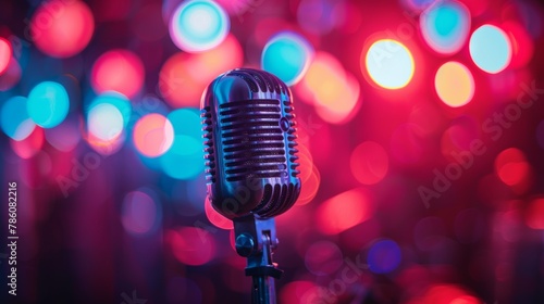 A retro silver microphone against a background of red and blue bokeh lights.