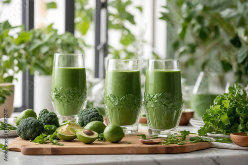Green detox smoothies with fresh green leafy vegetables. Healthy food.