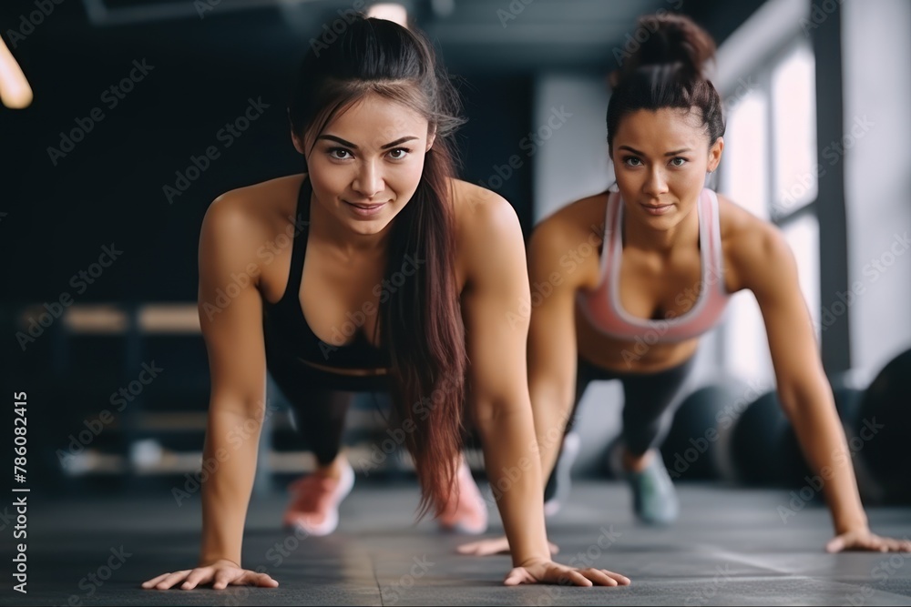 Young woman does push-ups to keep healthy in spacious gym. Couple of sportive young adults faces challenging workout with efforts to perform push-ups to maintain health in gym.