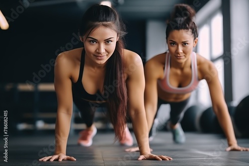 Young woman does push-ups to keep healthy in spacious gym. Couple of sportive young adults faces challenging workout with efforts to perform push-ups to maintain health in gym.