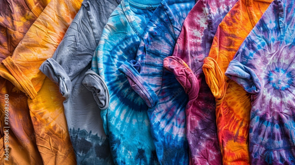 A variety of tie-dye shirts are displayed on a table.
