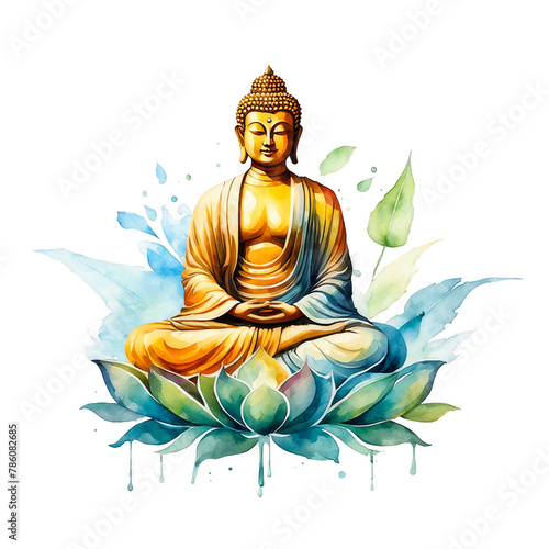 Gautam buddha statue sitting on lotus, lotus position, watercolor illustration, golden sage green themed clipart, peace calm concept, isolated, culture tradition photo