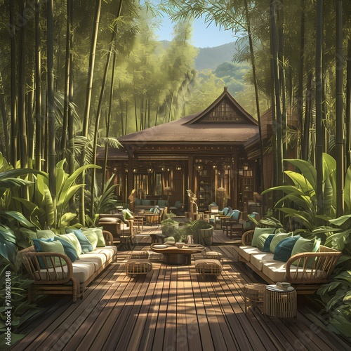 Serene Exotic Outdoor Seating Area on Bamboo Deck Surrounded by Lush Jungle and Mountain View