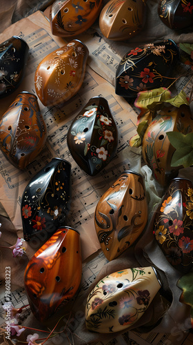 Melodic Symphony: A Beautiful Array of Ocarinas Representing the Sweet Tunes of Ocarina Songs © Lucas