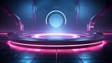 Focus on circular minimalist stage with neon lights, seapunk lights, detailed textures, turquoise and magenta futuristic scene