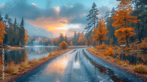 Lake and Road at Sunset -ar _ - Stylize.png, A colorful sunset on a lake with a forest and clouds in the sky.
