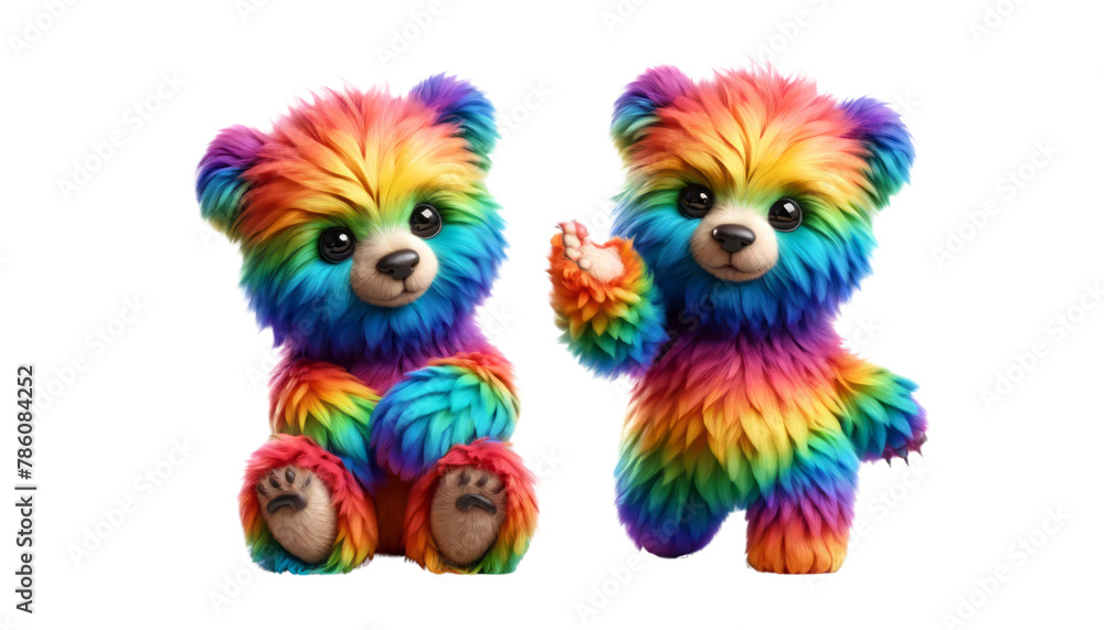 Two colorful teddy bears are sitting next to each other, Pride Month and Day, LGBTIQ+ , 3d render, clipart, isolate on white background.