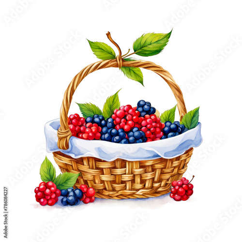 Watercolor illustration of berries in a wooden basket clipart  isolated  fruits  raspberry blueberry healthy present hamper gift farmhouse style