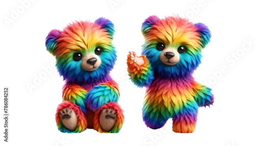 Two colorful teddy bears are sitting next to each other, Pride Month and Day, LGBTIQ+ , 3d render, clipart, isolate on white background.