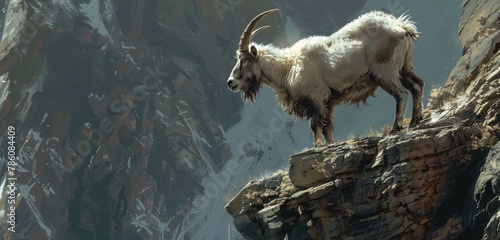 A stoic mountain goat navigates the rugged terrain of a steep cliffside with surefooted determination, its sturdy horns a symbol of resilience against the elements. photo