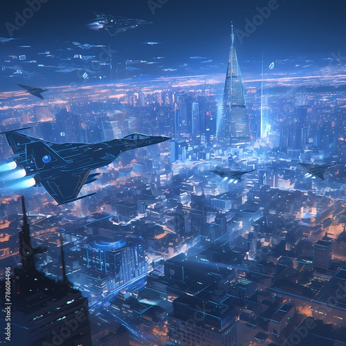 Elevated View of Futuristic City with Tall Blockchain Building Illuminated by Blue Lights and Surrounded by Advanced Technology Aircraft in the Sky