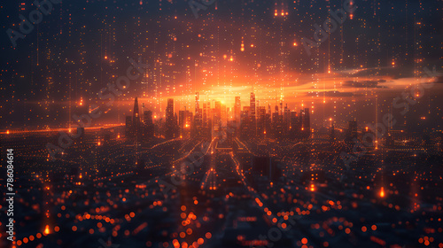 Smart City and Abstract Dot Point Connect with G , Futuristic cyber city with glowing particles 3D Rendering