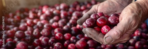 Hand holding tart cranberries on blurred background with space for text placement